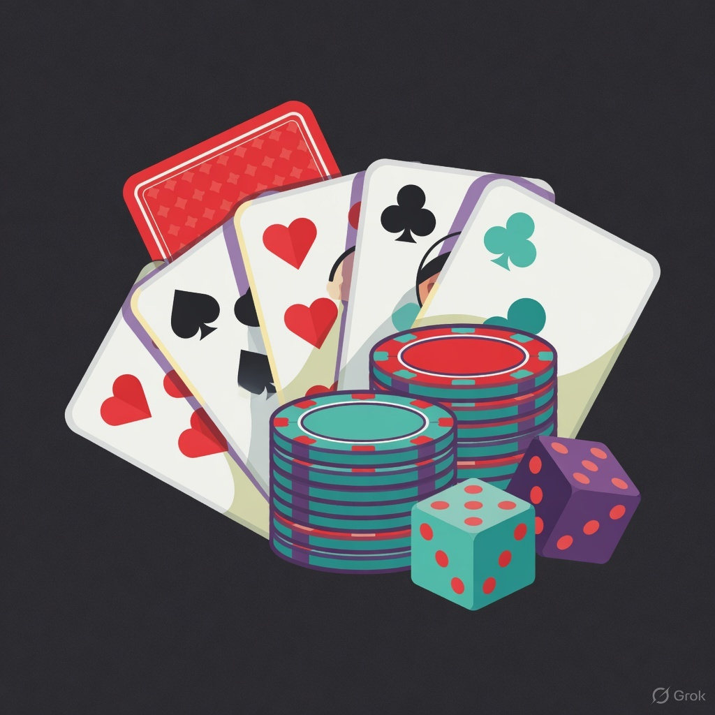 Illustration of cards, dice and chips