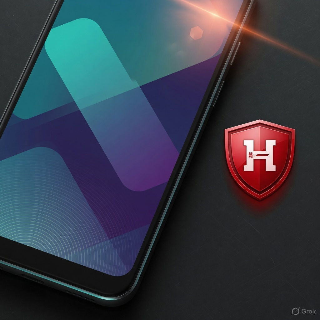 Illustrated Android phone beside a red shield