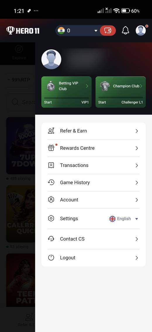 Account menu in the Hero11 app, account name hidden