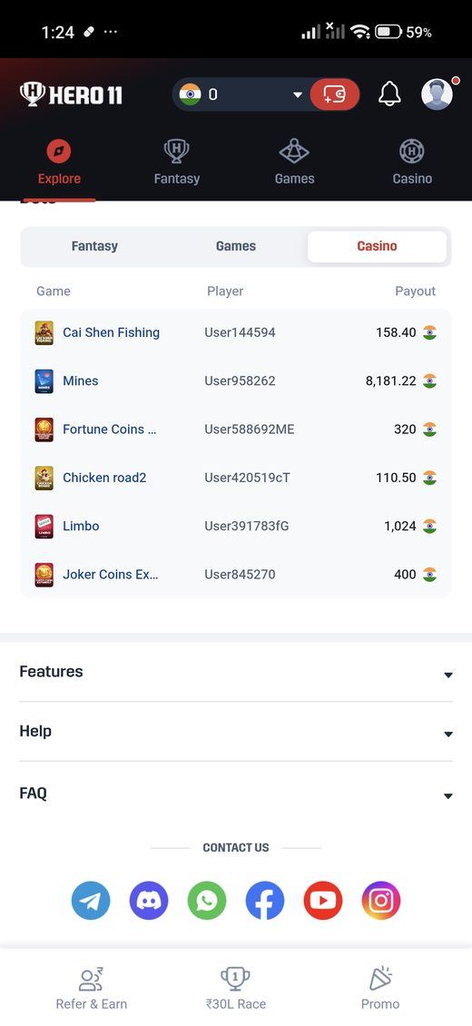 Casino history in the Hero11 app