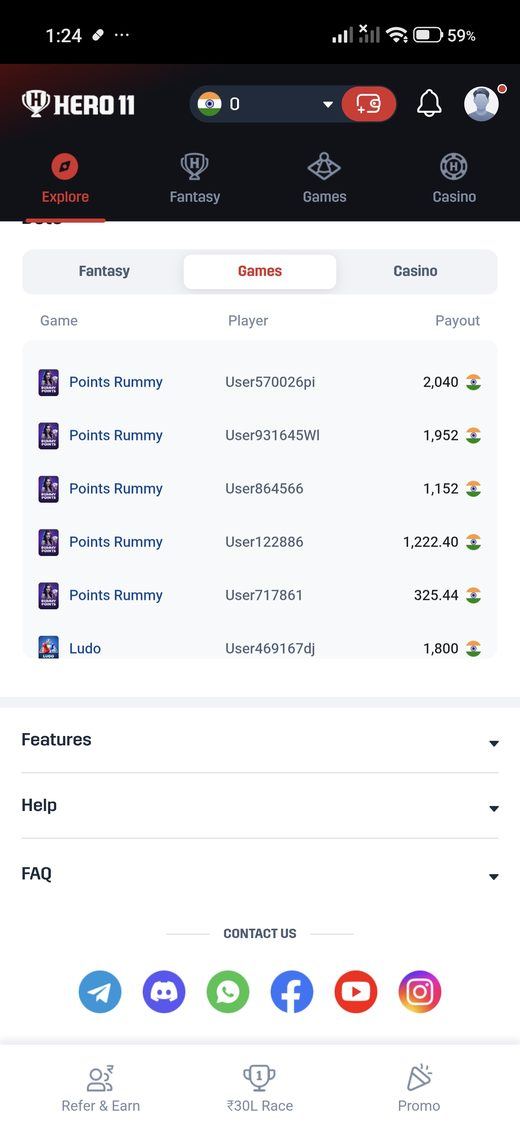 Game history in the Hero11 app