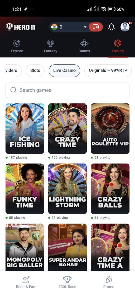 Live casino in the Hero11 app