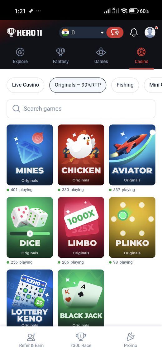 Casino originals in the Hero11 app