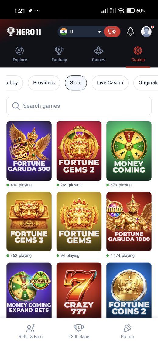 Slots screen in the Hero11 app