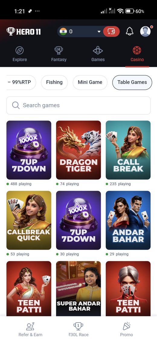 Table games in the Hero11 app