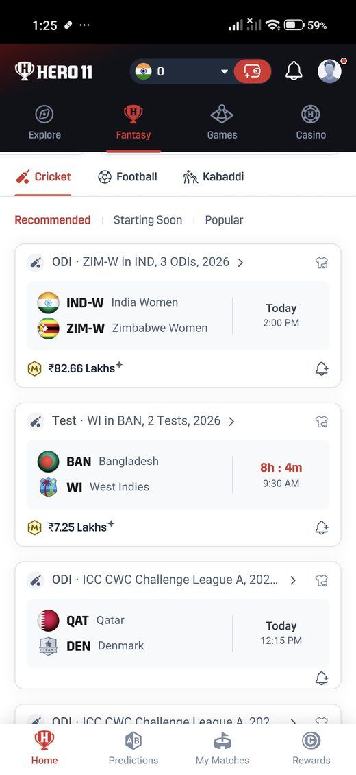 Cricket list in the Hero11 app