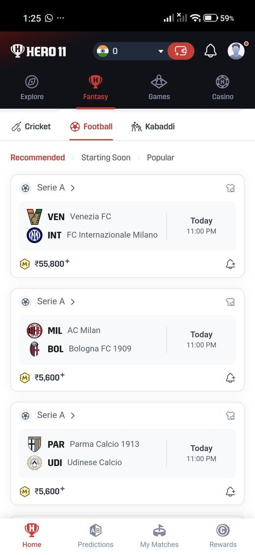 Football list in the Hero11 app