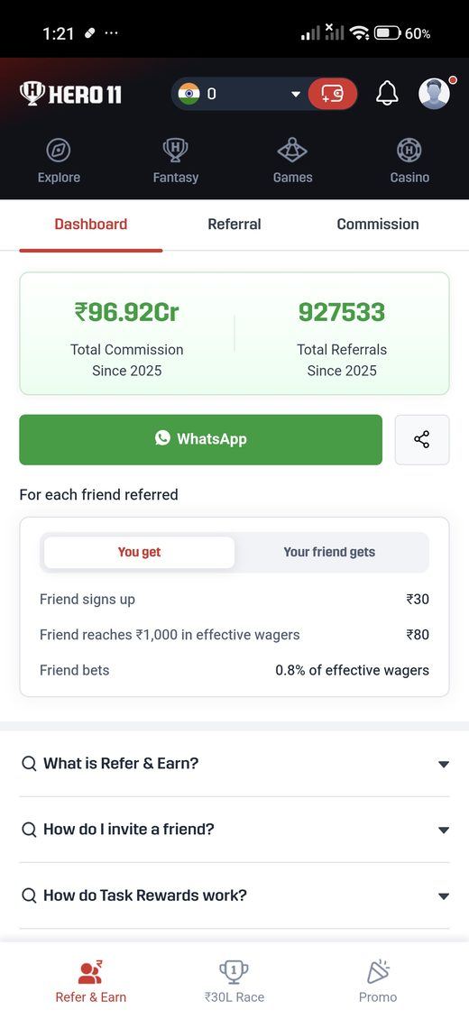 Refer and earn screen in the Hero11 app