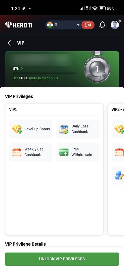 VIP club screen in the Hero11 app, account name hidden